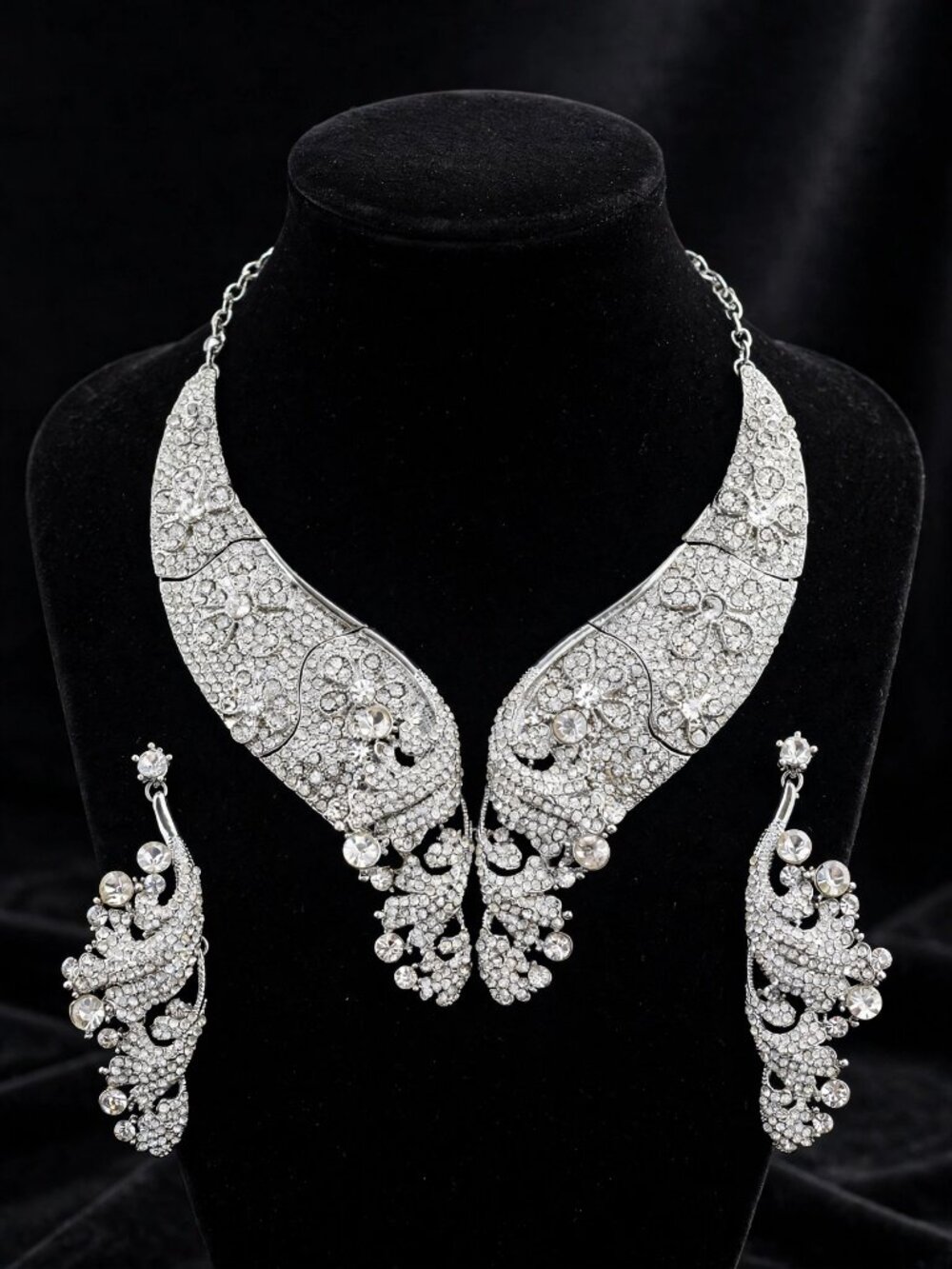 Clear Crystal Peacock Necklace & Earrings Set – Silver Tone Bridal Jewelry
